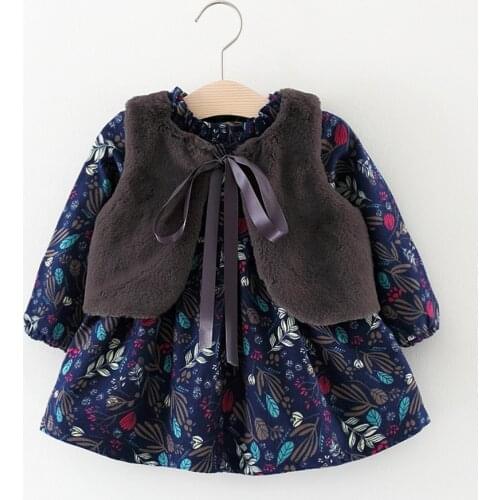 FOCUSNORM 0-4Y Autumn Winter Baby Girls Dress+Fur Vest Shawl 2pcs Flowers Print Long Sleeve Ruffles A-line Dress