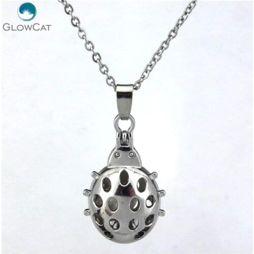 K117 Silver Magnetic Ladybug New Pearl Cage Locket Necklace Stainless Chain 18" Aroma Essential Oil Diffuser Locket
