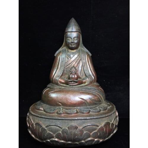 12"Tibet Temple Collection Old Bronze Cinnabar Lacquer Northern Wei Buddha Guru Rinpoche Tsongkhapa Buddha statue Ornaments