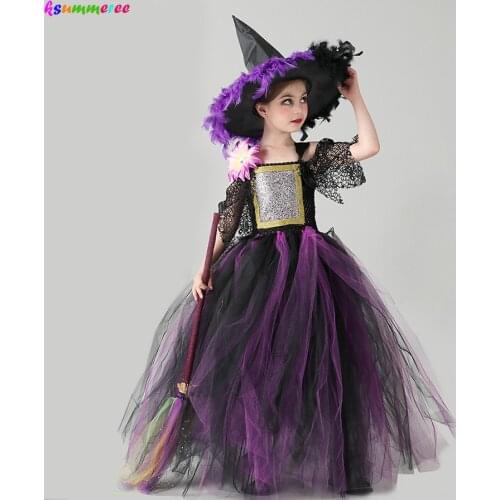 Purple Black Girls Halloween Witch Tutu Costume Dress with Hat Kids Carnival Party Cosplay Fancy Dress Up Gown Witch Dresses