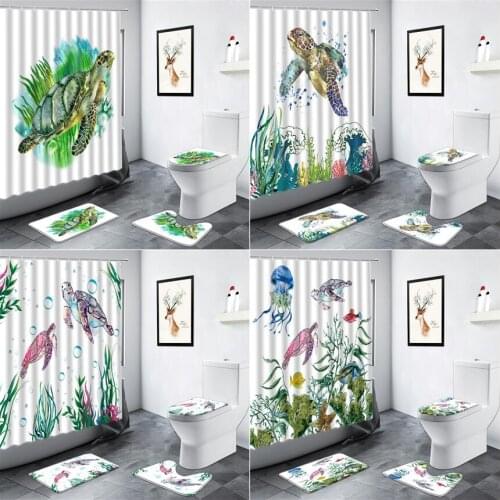 Creative Sea Turtle Shower Curtain Watercolor Art Animal Green Water Plant Fish Ocean Scenery Bathroom Non-slip Rug Bath Mat Set
