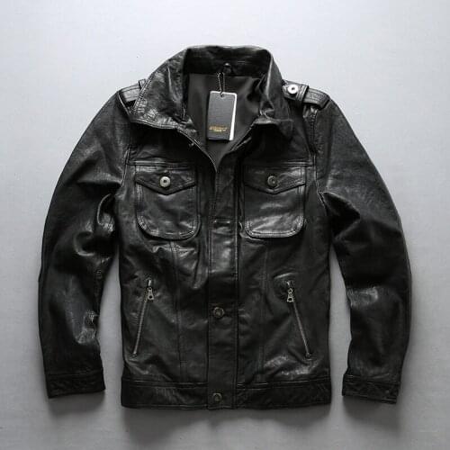 AVIREX FLY 2018 New Brand Leather Jacket Men Fashion Mens Slim Fit Sheepskin Motorcycle Biker Jacket Black Genuine Leather Coat