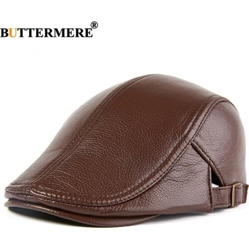 BUTTERMERE Men Beret Hat Real Leather Flat Cap Sheepskin Autumn Winter Male Brown Adjustable High Quality Gatsby Mens Beret Caps