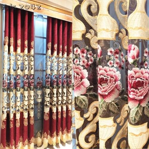 2021 New European Pastoral Wine Red Festive Living Room Hollow Embroidered Curtain Fabric Blue Chinese Bedroom Curtains Finished