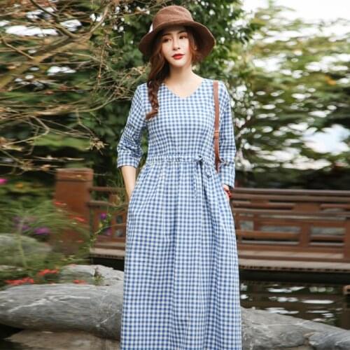 Vintage Mori Girl Dress 2019 Plaid Autumn Summer Loose Thin V neck Grid Cotton Linen Elegant Korean Fashion Robe YoYiKamomo