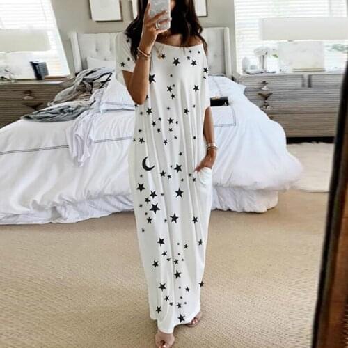 2021 New Women Dresses Loose Off Shoulder Short Sleeve Long Dress Moon Star Printing Elegant Female Spring Summer Dress Vestidos