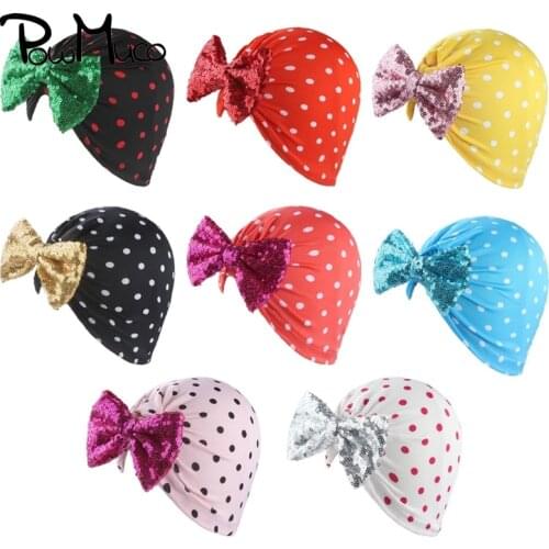 Powmuco 17*13 CM Comfortable Soft Polyester Cotton Dots Indian Hats Glitter Sequins Bowknot Children Caps Kids Hair Accessories