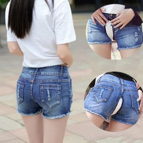 Sexy Short Pants Jeans For Women Outdoor Sex Shorts Open Croch Zipper Summer High Waist Blue Denim Trousers Female Clothing