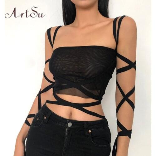 ArtSu Bandage Tanks Crop Top Gothic Punk Black Women Lace Up Backless Bodycon Fitness Y2K Fashion Summer Sexy Clothing VE52671