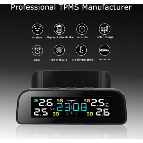 TY17/TY18 Solar Car TPMS Tire Pressure Monitoring System LCD Clock Time Display Auto Tyre Temperature Alarm With 4 Sensor
