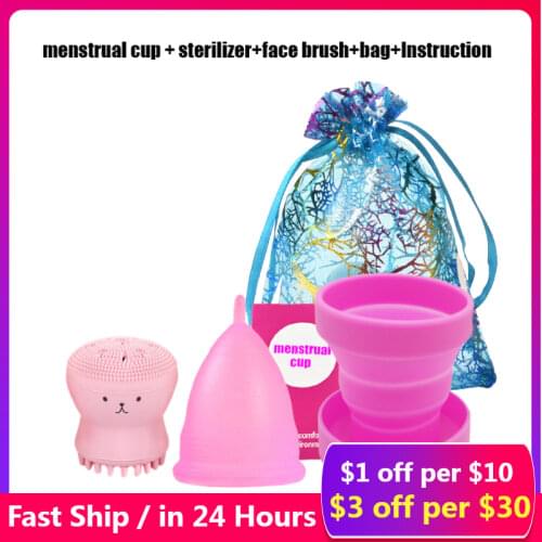 Women Menstrual Cup&Foldable Silicone Cup for Clean Menstrual Period Cup Medical Silicone Lady Menstrual collector & Face brush