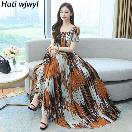 2021 Vintage Print Plus Size Casual Beach Long Sundress Women Bodycon Party Midi Vestido Summer Chiffon Boho Vacation Maxi Dress