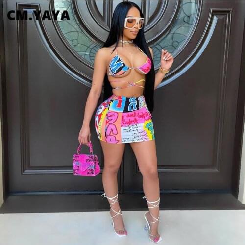 CM.YAYA Bikinis Set Women Print Halter Bandage Bra Mid Waist Sheath Elastic Mini Skirts Matching Sets Sexy Beachwear Swimsuits