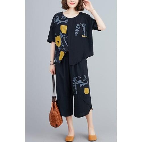 2021 New Arrival Patchwork Print Letter Fashion Womens Clothes Set Loose Top Wide leg pants Women Summer Casual Set Suit