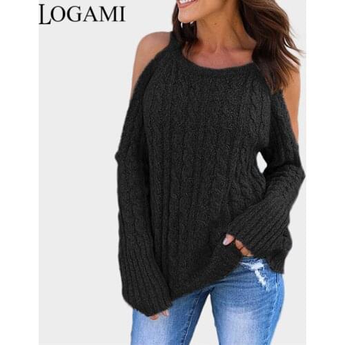 LOGAMI Off Shoulder Long Sleeve Sexy Loose Women Sweaters And Pullovers Female Fashion Autumn Pullver Causal