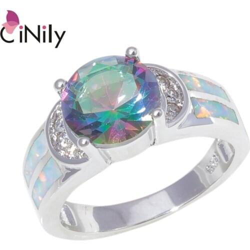 CiNily Created White Fire Opal Mystic Stone Cubic Zirconia Silver Plated Wholesale for Women Jewelry Ring Size 6-10 OJ9456