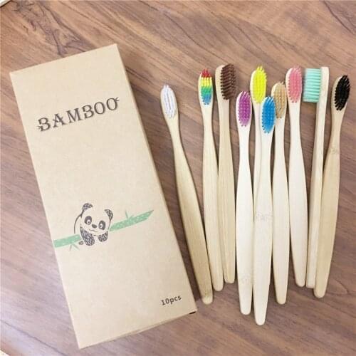 10Packs Toothbrush Eco-Friendly Rainbow Bamboo Soft Fibre Toothbrush Biodegradable Teeth Brush Solid Bamboo Handle Toothbrush