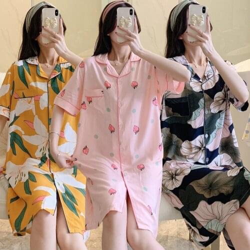 2021 New Summer Plus Size Short Sleeve Cotton Nightgown for Women Korean Print Sleepwear Nightdress Night Gown Home Dress Nighty