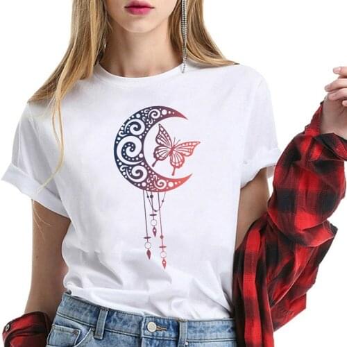Women Graphic Tees Shirt for Women Short Sleeve Round Neck Summer 90s Girls Tops Moon Butterfly Feathers Print Vintage T-shirt