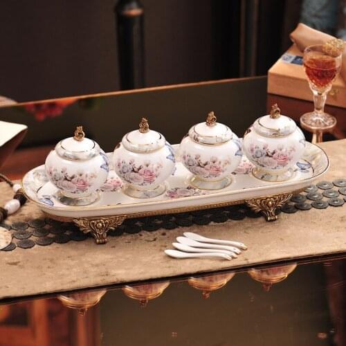 Ceramic copper parts household ceramic condiments four sets of kitchen condiments pot sets high-end luxury condiment cans