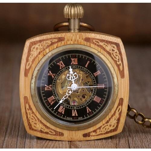 5pcs Creative Square Wooden Mechanical Pocket Watches Luxury Wooden Hand Winding Skeleton Fob Chains Watches for Men Women Gifts