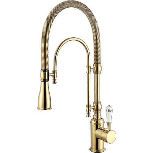 European Style Brass Gold/ChromeFinished Kitchen Faucet Pull Out Spring Sink Mixer Multi-function Rotating Water Tap Deck Mounte