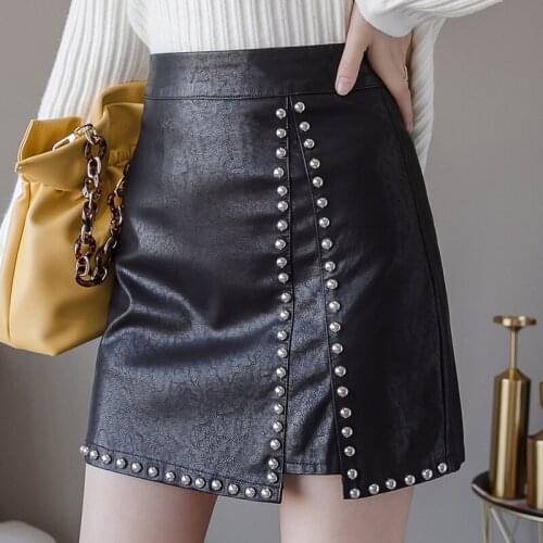 2020 autumn and winter clothing new fashion shorts skirt rivet A-line skirt PU leather skirt high waist slim skirt