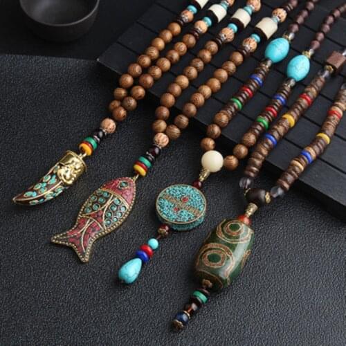 2020 New Handmade Nepal Necklace Buddhist Mala Wood Beads Pendant & Necklace Ethnic Horn Fish Long Statement Jewelry Women Men