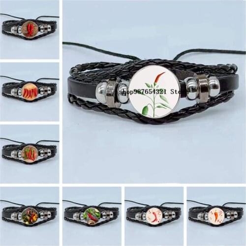 The new fashion red pepper bracelet glass cabochon multi-layer braided leather bracelet as a Christmas gift for friends