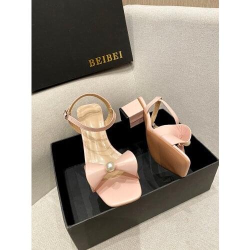 Large Size 35-42 Casual Fashion One Word Buckle Ladies Sandals Sweet Bow High Heel Open Toe Womens Shoes Summer Hot Sale