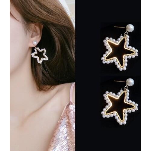 S925 Silver Needle Gold Tone Five-pointed Star Pendant Earrings Exquisite Pearl Star Earrings For Women Fashion New Cute Jewelry