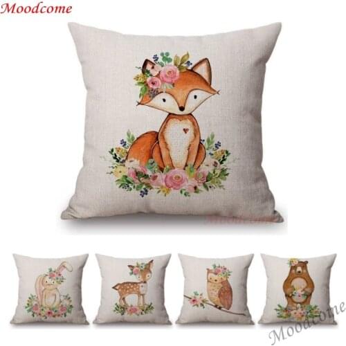 Cute Pink Flowers Woodland Animals Fox Bear Owl Deer Baby Princess Girl Throw Pillow Case Linen Boy Nursery Art Cushion Cover