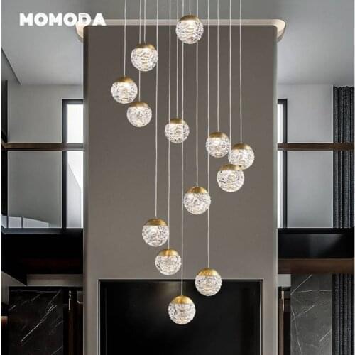 Modern Spiral Staircase Long Chandeliers Lightings Glass Ball Hanging Lights for Villa Duplex Building LED Luxury Brass Lustres