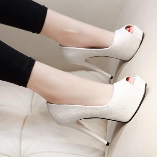 Summer Pumps Women Shoes Platform PU Leather Shallow 12cm Thin High Heels Non-slip Slip-On Peep Toe Lady Sexy Party Female Shoes