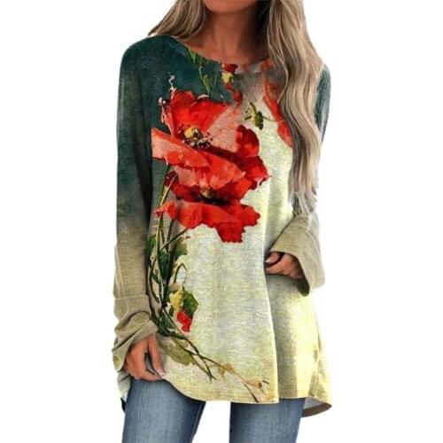 3D Floral Print Women Top Long Sleeve Autumn O-Neck Loose Long Tunic Blouse Streetwear