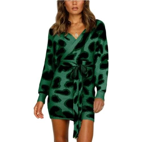 Women Green Leopard Dresses Loose Long Sleeve Deep V-neck Beach Dress Lady Casual Hip wrap sweater Dress Sexy Party Dress