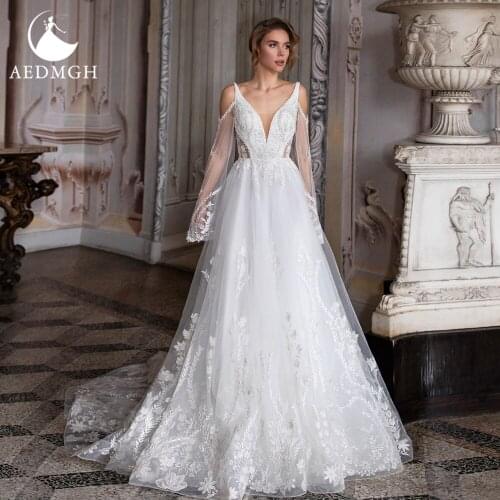 Aedmgh A-Line Beach Wedding Dresses 2021 Sweetheart Long Sleeve Robe De Mariage Backless Appliques Fairy Boho Vestido De Novia