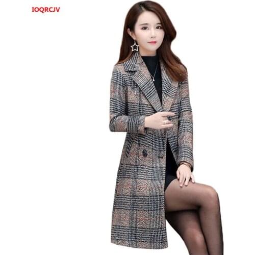 Winter Women Wool Blends Plaid Trench Coat Office Lady Elegant Outerwear Casual Double Breasted Long Woolen Overcoat 4XL W1804