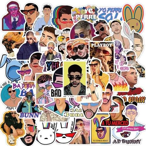 50PCS Handsome Singers Bad Bunny Stickers Laptop Guitar Luggage Skateboard Waterproof Graffiti Sticker Decal Kid Classic Toys