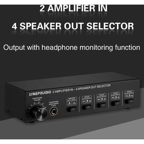 2 in 4 Out Speaker Selector Switch Box 4 Zone Amplifier and Speaker Selector with Volume Control Banana Jack 6.5mm Earphone Jack