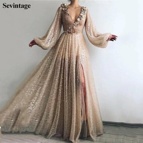 Sevintage Sparkly Glitter Evening Dresses Puffy Long Sleeves Flowers Beading Prom Gowns Split Side Formal Evening Party Gown
