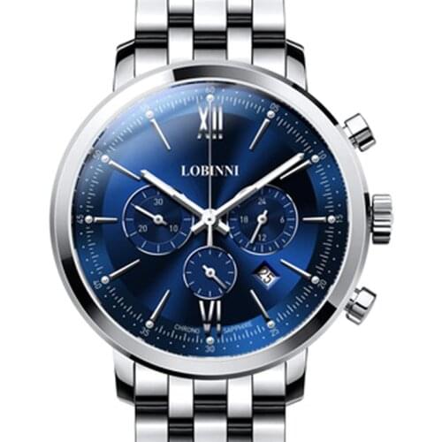 LOBINNI Men’s Watch Business 50 M Waterproof Steel Strap Multi-function Chronograph Dial Quartz Wrist Watch Men Sapphire L3605
