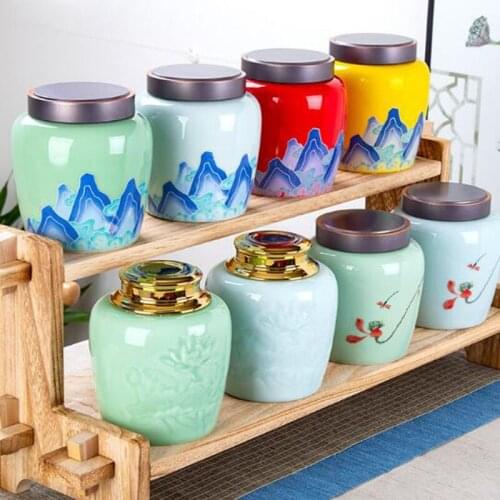 Chinese Style Kungfu Teaware Handmade Crafts Home Decor Ceramic Tea Caddy Sealed Storage Jar Tea Box Can for Green Tea Puer