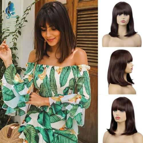 DANBO Natural Wig Straight Bangs Straight Black Brown Shoulder Length Fully Synthetic Wig