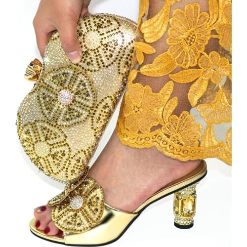 Doershow New Arrival African Wedding Shoes and Bag Set gold Italian Shoes with Matching Bags Nigerian Women party! HDG1-4