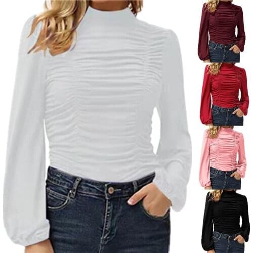 Elegant Turtleneck Office Ladies Silk Shirts 2021 Autumn Fashion Design Pleated Solid Blouses Women Lantern Sleeve Pullover Tops