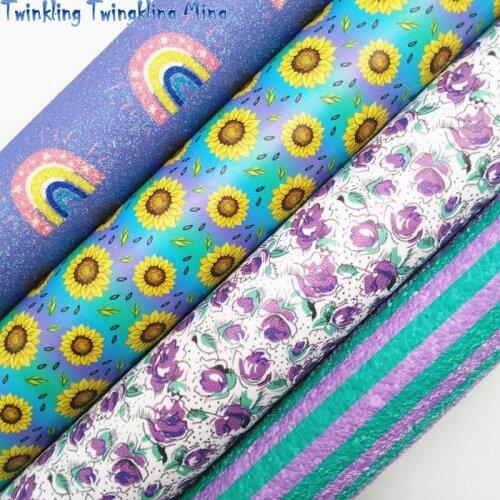 Rainbow Stripes Printed Glitter leather, Sunflowers Printed Synthetic Leather Faux Fabric For Bow 21x29CM Twinkling Ming KM360