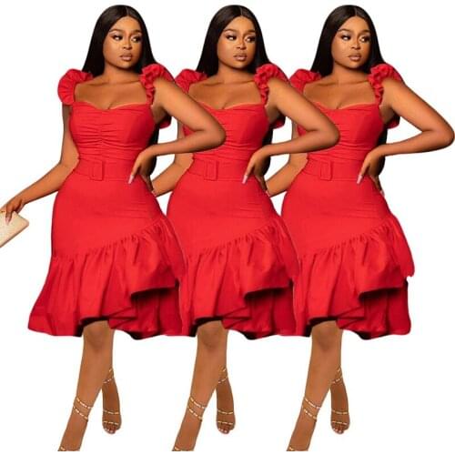 Red Solid Ruffle Mini Dress Spaghetti Strap Irregular Skinny Evening Party Elegant Dress Sexy V Neck Vestido S-XL