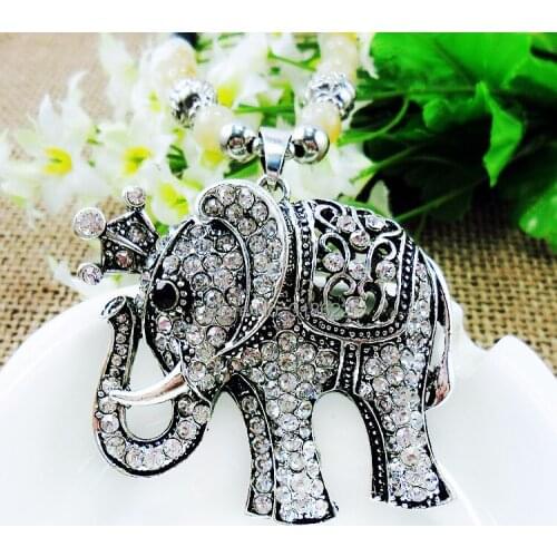 Hot Sales Antique Silver Plated Necklace Elephants Vintage Pendants&Necklaces Zinc Alloy Pearl Chain Jewelry Accessory
