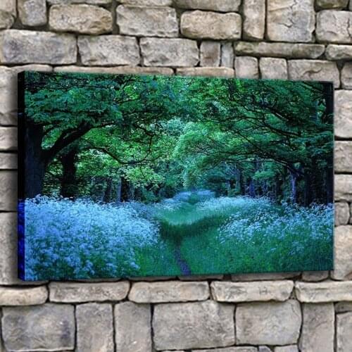 Mystical Forest Trees Flowers Path Nature Painting Wall Artwork Modern Bedrrom Decor Top-Rated Canvas Print 1 Panel Poster